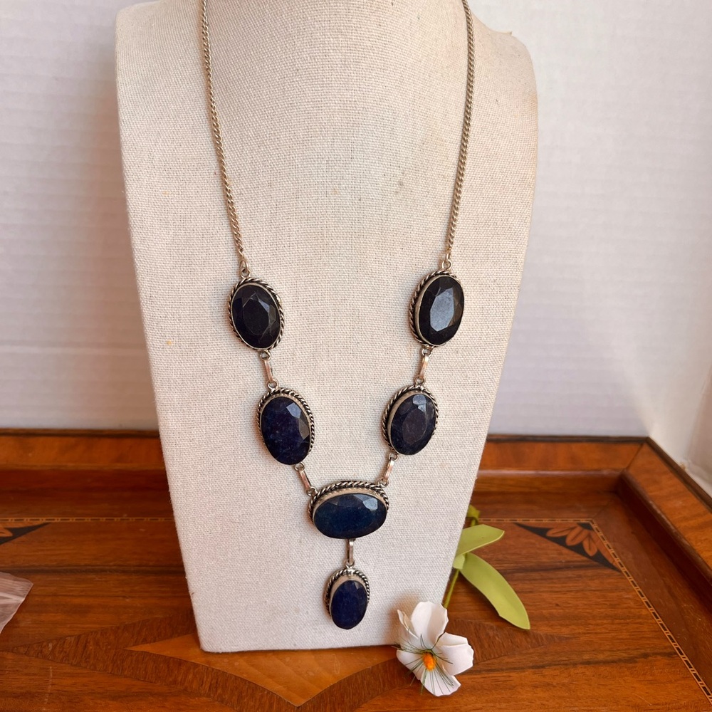 VTG 925 Sterling Silver Lapis Lazuli Drop Station Necklace 18”